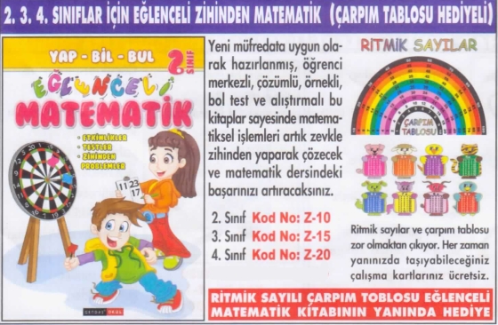 2. 3. 4. Sınıflar İçin Eğlenceli Zihinden Matematik (Çarpım Tablosu Hediyeli). Fiyatı: 6 TL
2. Sınıf Kod No:Z-10, 3. Sınıf Kod No:Z-15, 4. Sınıf Kod No:Z-20 2. 3. 4. Sınıflar İçin Eğlenceli Zihinden Matematik (Çarpım Tablosu Hediyeli). Fiyatı: 6 TL
2. Sınıf Kod No:Z-10, 3. Sınıf Kod No:Z-15, 4. Sınıf Kod No:Z-20